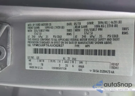 2018 Ford Escape S из США, поврежденный, VIN 1FMCU0F76JUC62827